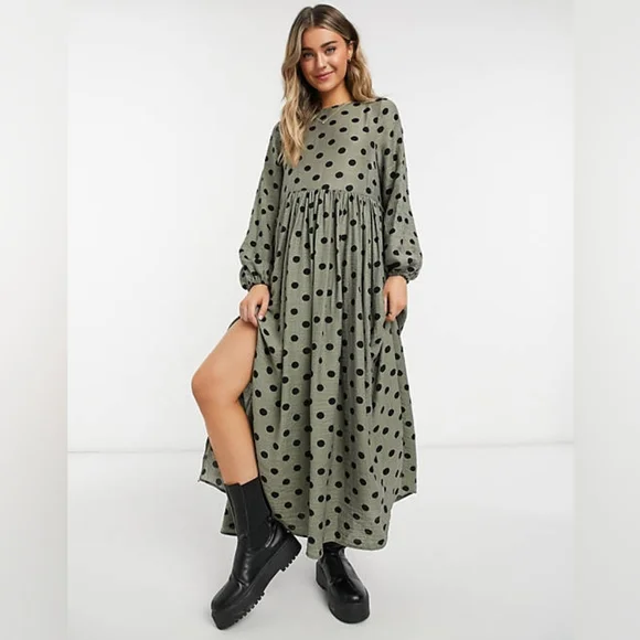 ASOS DESIGN long sleeve maxi smock dress in sage polka dot US  4 - Picture 2 of 8
